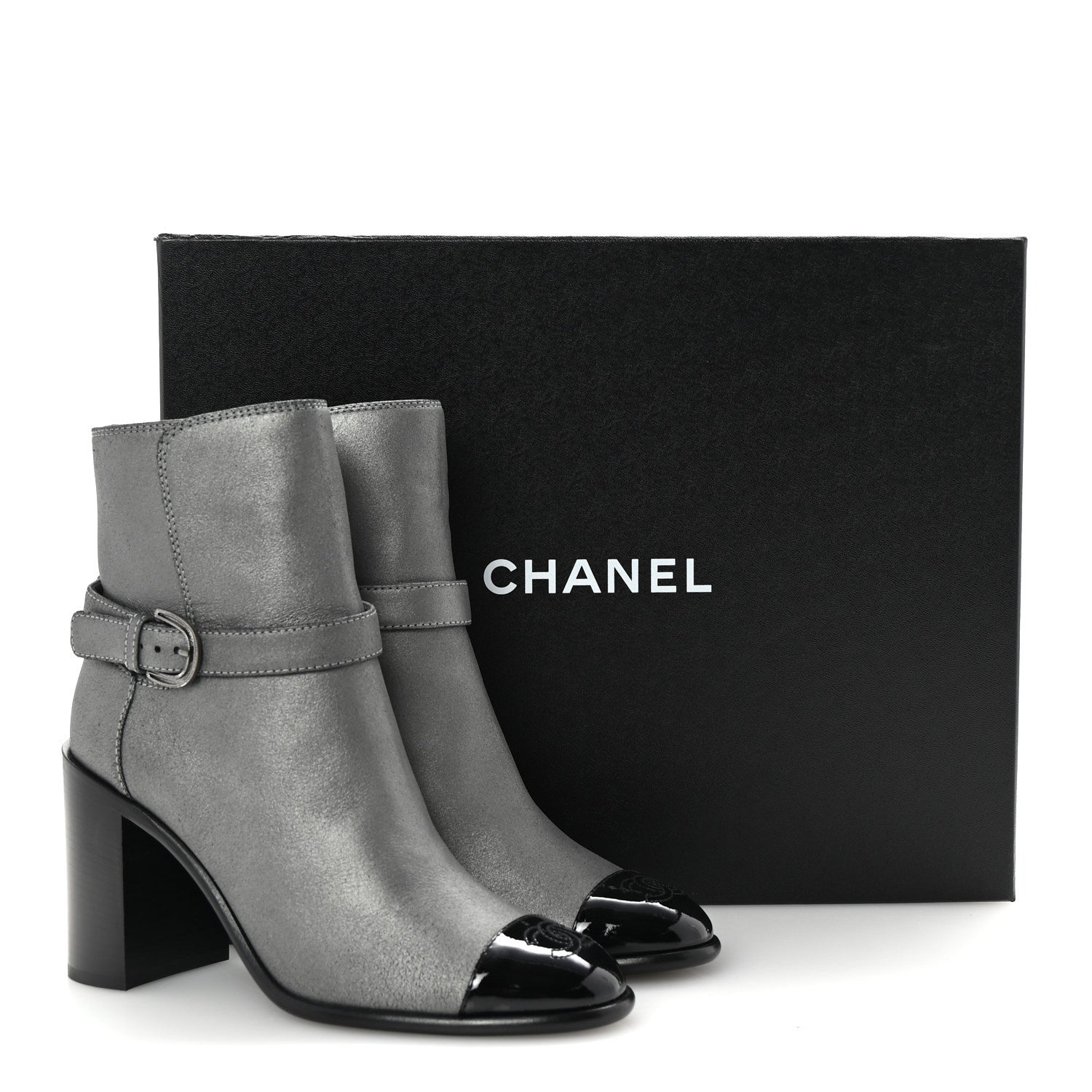 Chanel Suede Kidskin Patent Cap Toe Interlocking CC Ankle Boots 39 Dark Silver Black 10 of 10