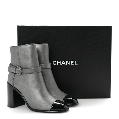 Chanel Suede Kidskin Patent Cap Toe Interlocking CC Ankle Boots 39 Dark Silver Black 10 of 10