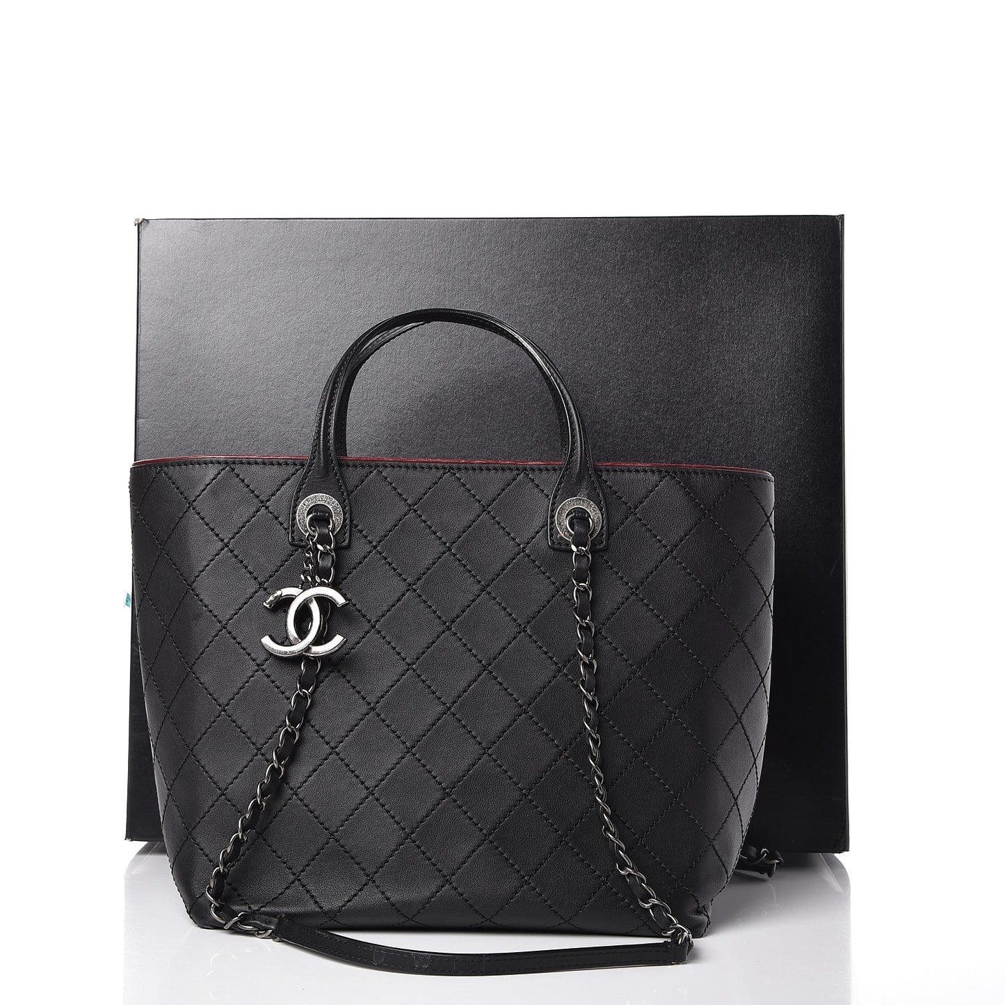 Calfskin Stitched Medium Shopping Tote Black