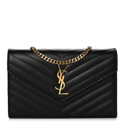 Saint Laurent Grain De Poudre Matelasse Chevron Monogram Chain Wallet Black 1 of 11