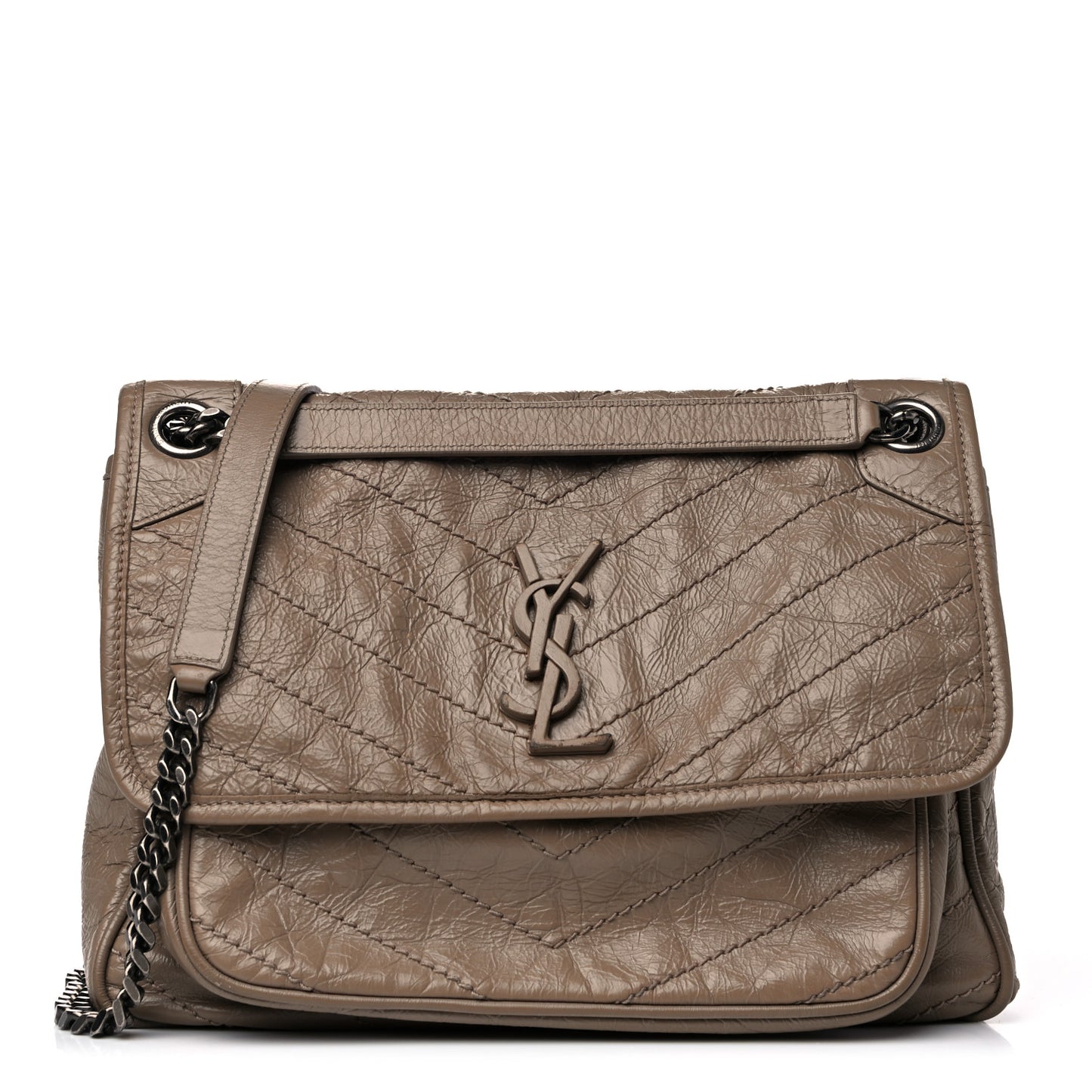Crinkled Calfskin Matelasse Monogram Medium Niki Chain Satchel Light Taupe