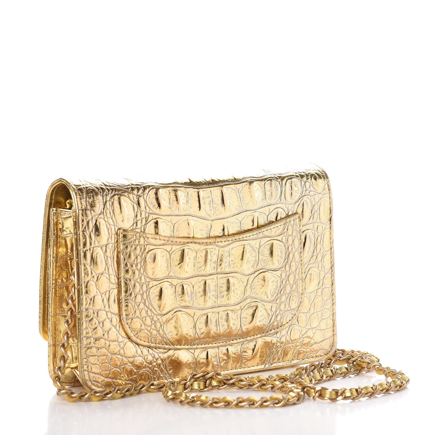 Chanel Metallic Calfskin Crocodile Embossed Cocodile Wallet On Chain WOC Gold 3 of 9