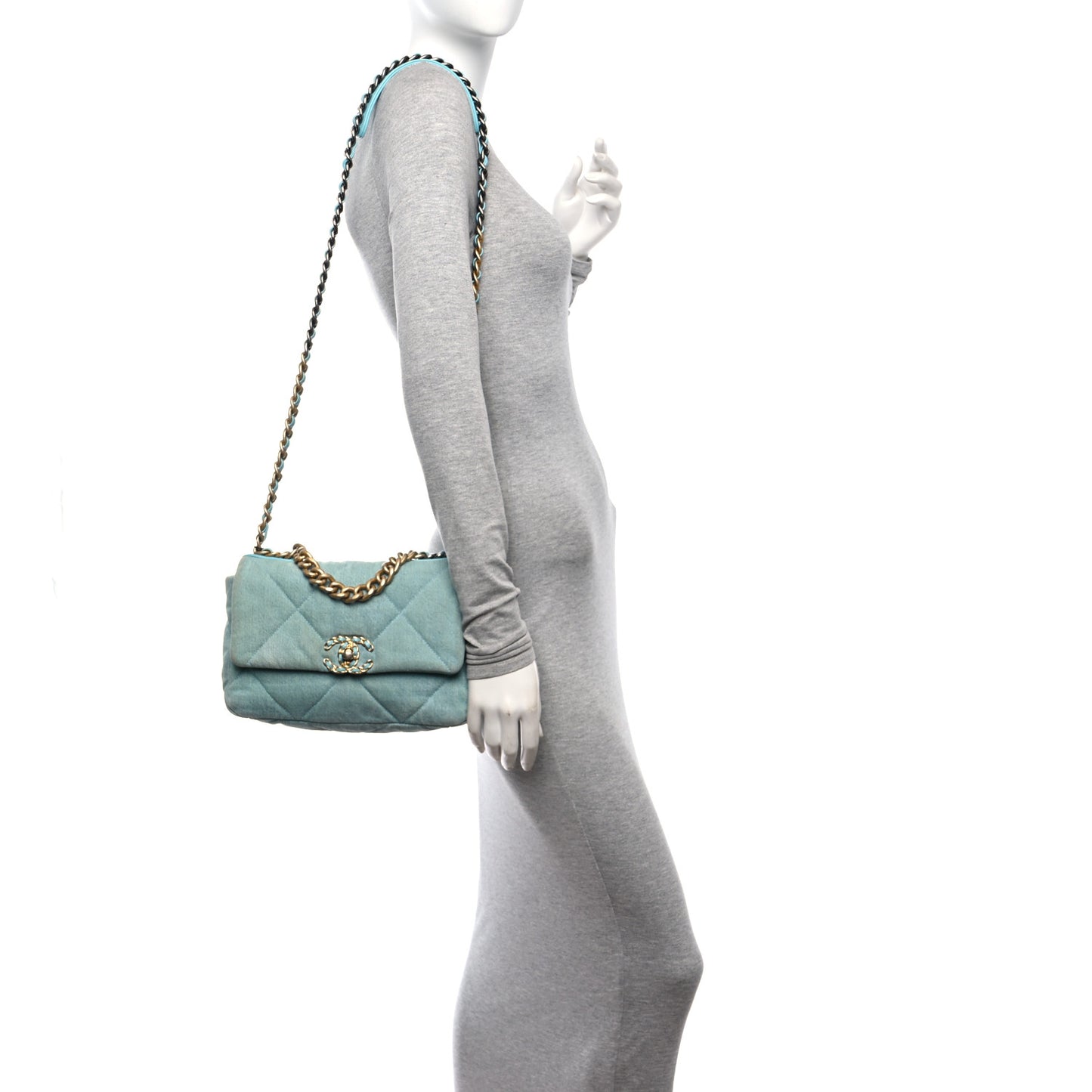 Denim Quilted Medium Chanel 19 Flap Neon Blue