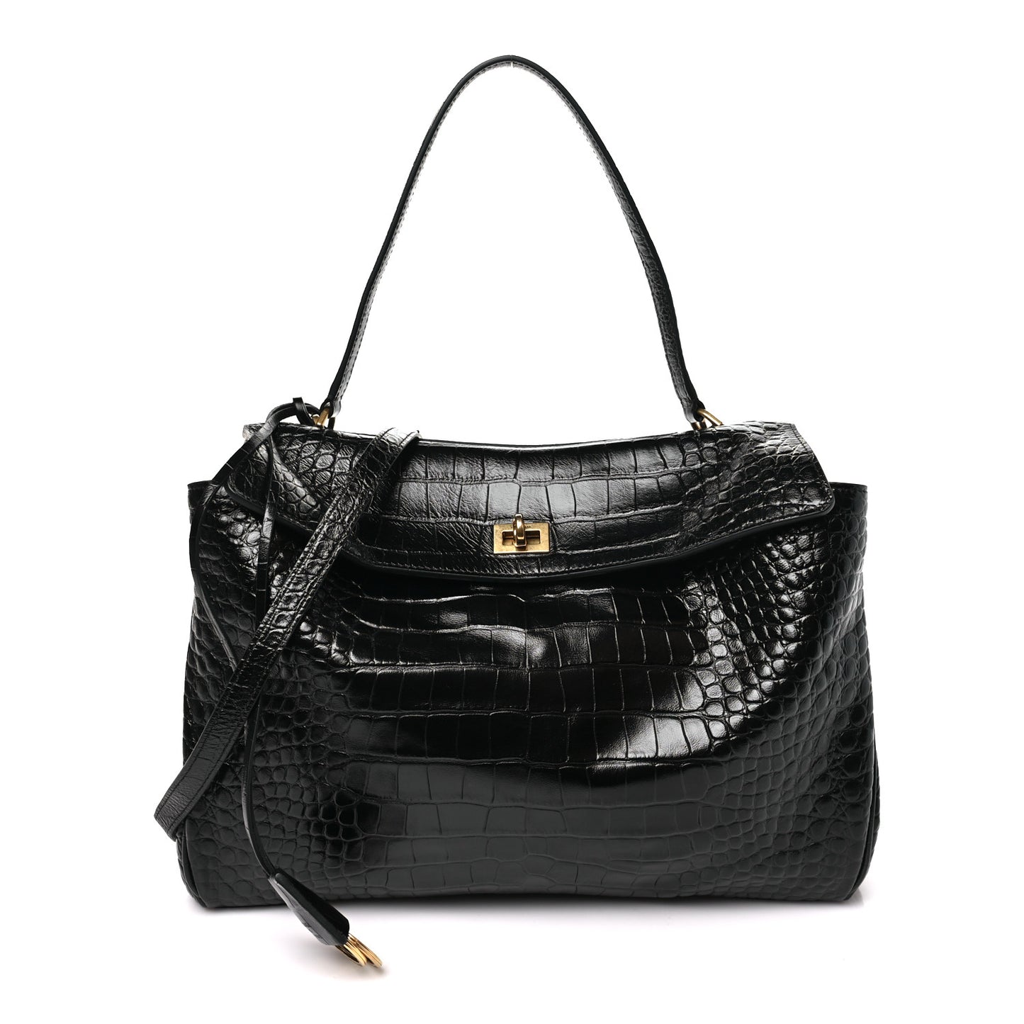 Shiny Calfskin Crocodile Embossed Medium Rodeo Top Handle Handbag Black