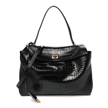 Balenciaga Shiny Calfskin Crocodile Embossed Medium Rodeo Top Handle Handbag Black 1 of 9