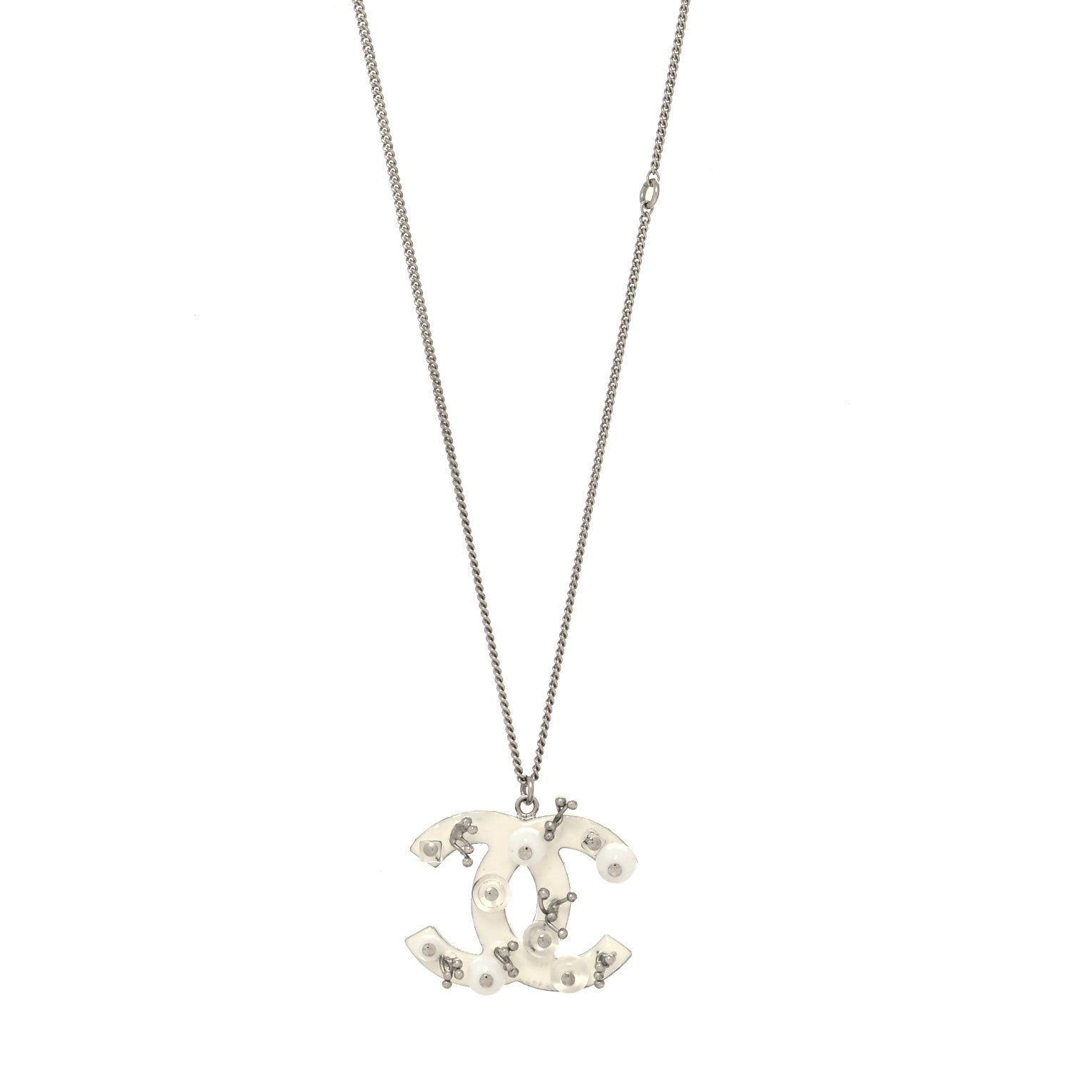 Chanel Enamel Beaded CC Necklace Silver White 1 of 5