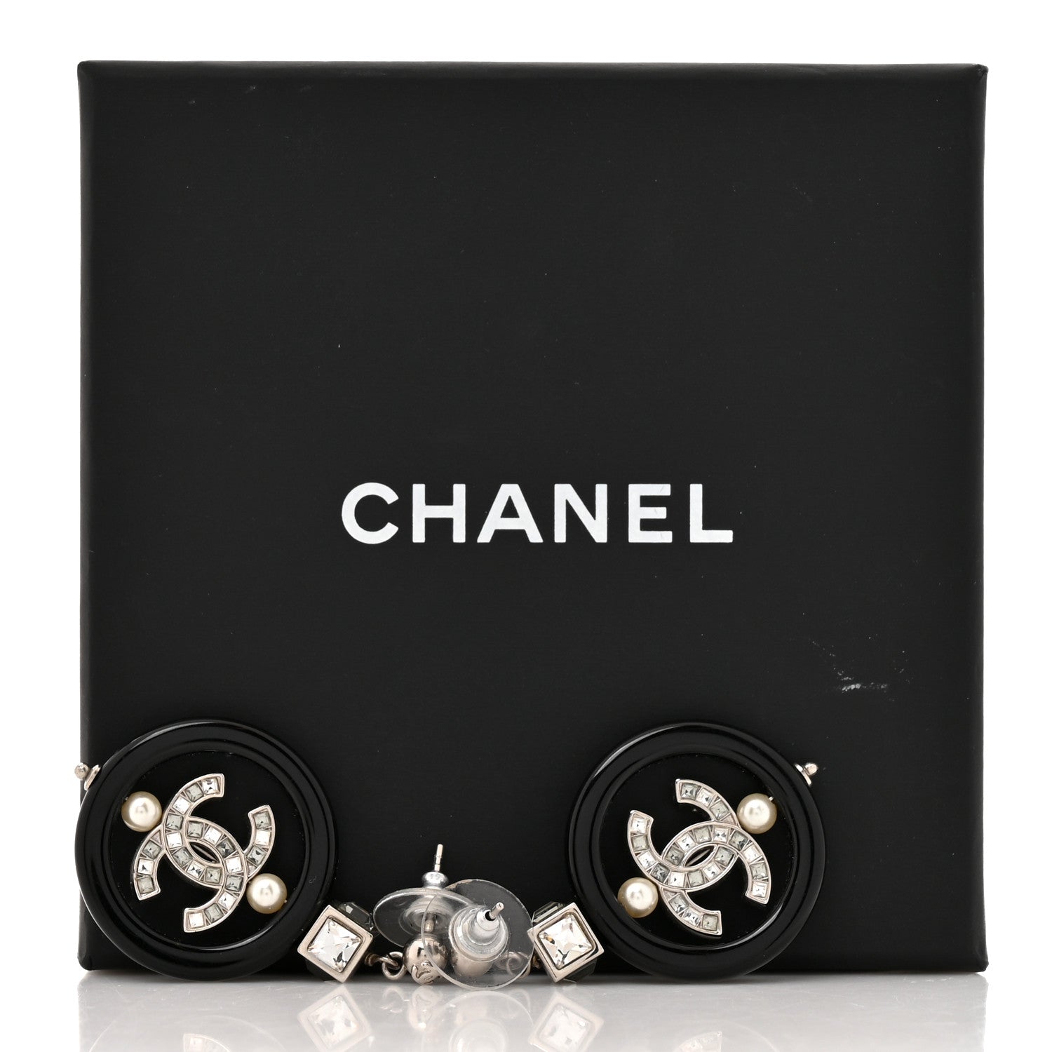 Chanel Metal Resin Crystal Pearl CC Drop Earrings Black Silver 5 of 5