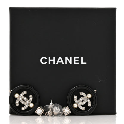 Chanel Metal Resin Crystal Pearl CC Drop Earrings Black Silver 5 of 5