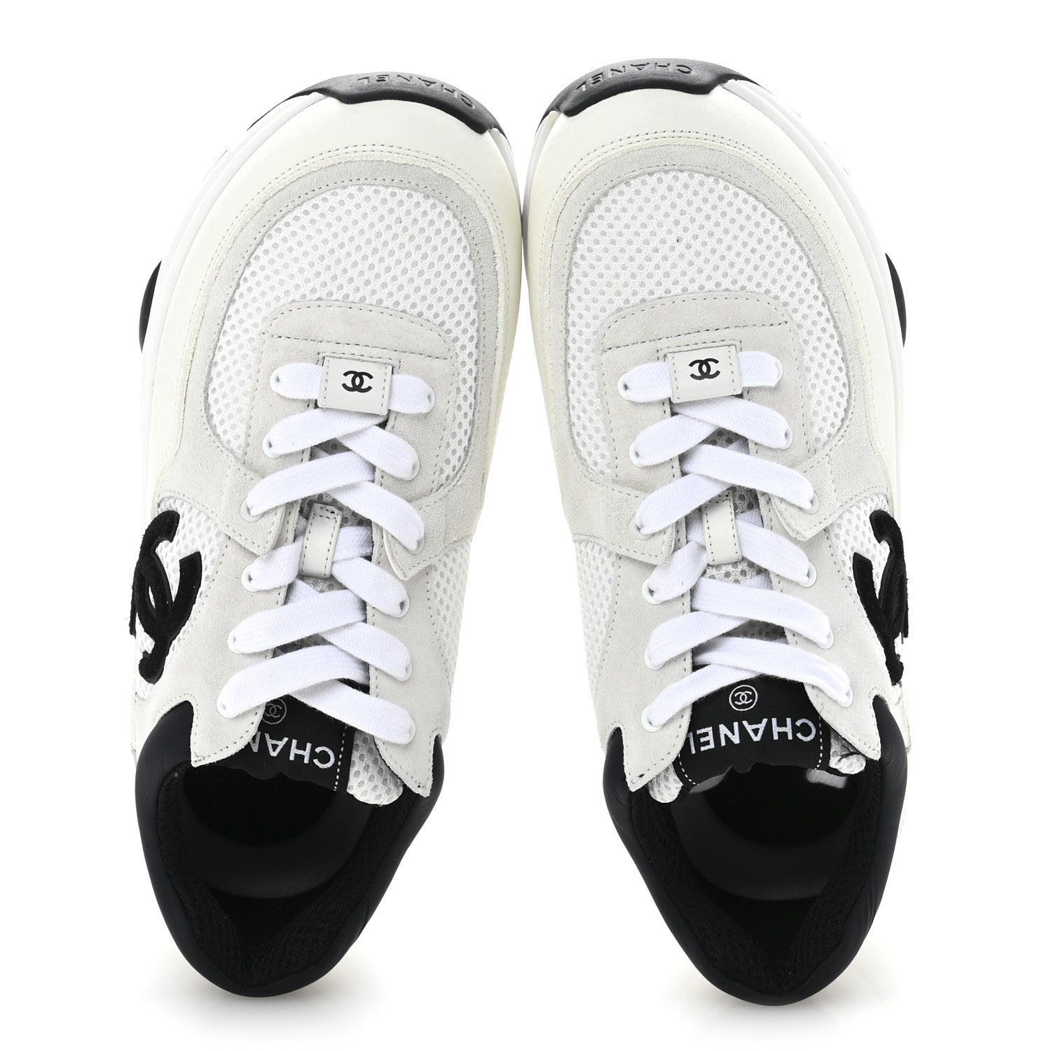 Chanel Mesh Suede Calfskin Grained Calfskin Womens CC Sneakers 37.5 White Black 2 of 8