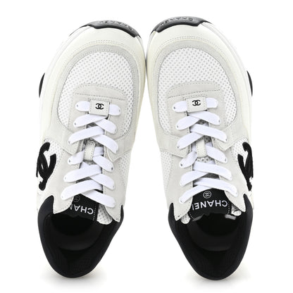 Chanel Mesh Suede Calfskin Grained Calfskin Womens CC Sneakers 37.5 White Black 2 of 8