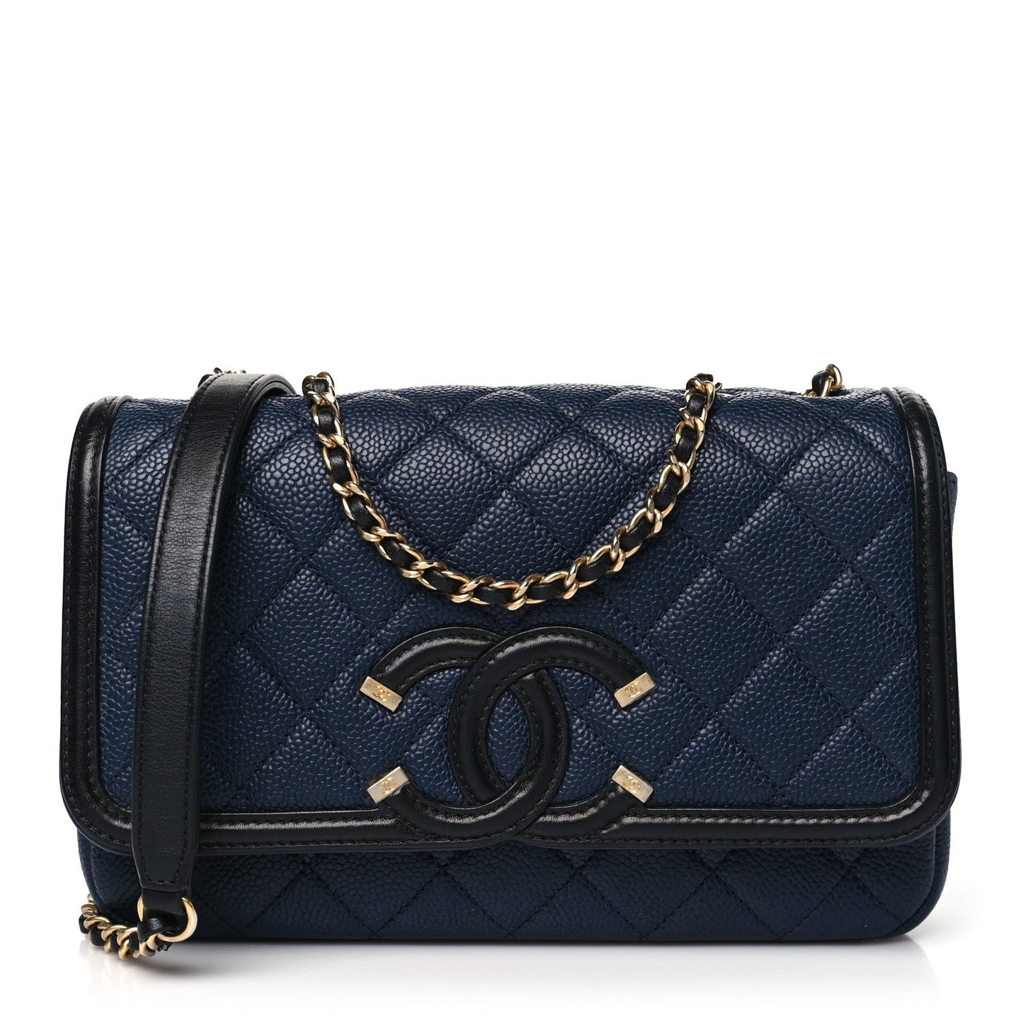 Caviar Quilted Small CC Filigree Flap Navy Black