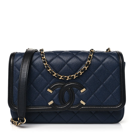Caviar Quilted Small CC Filigree Flap Navy Black
