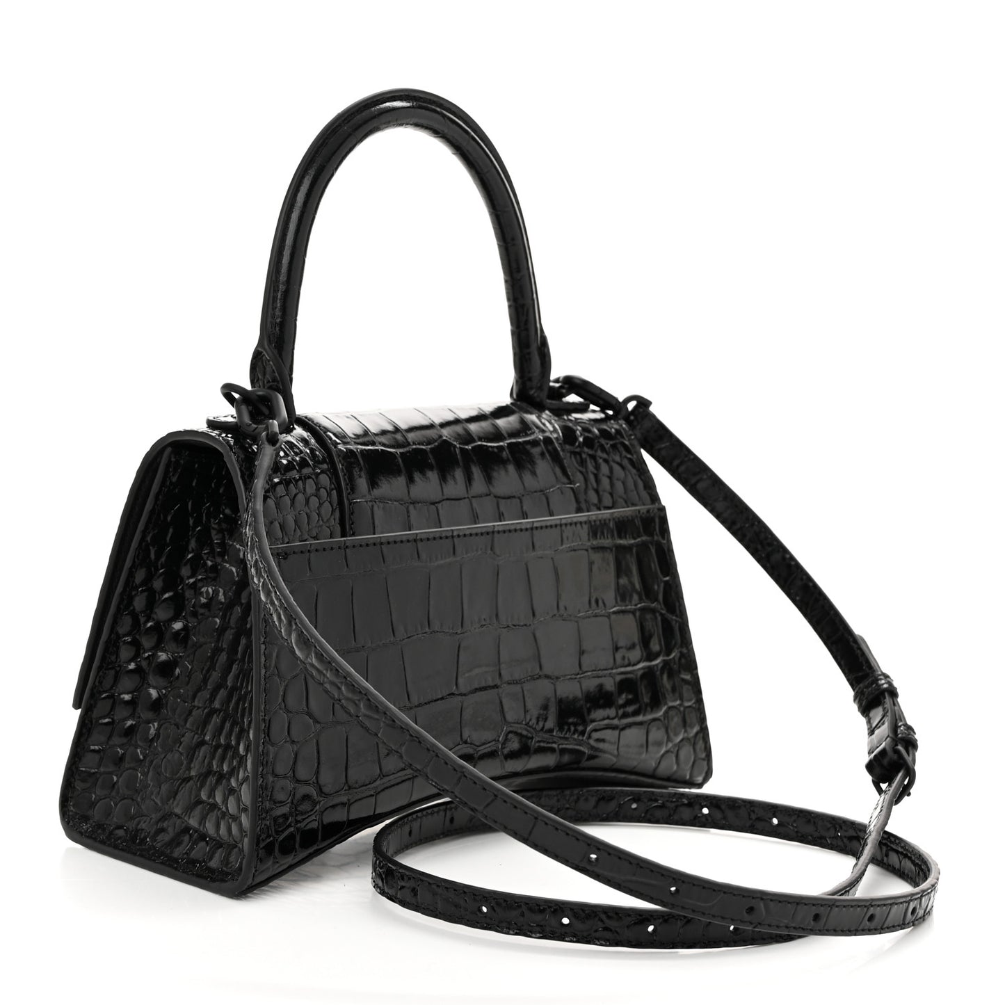 Shiny Calfskin Monochrome Crocodile Embossed Small Hourglass Top Handle Bag Black