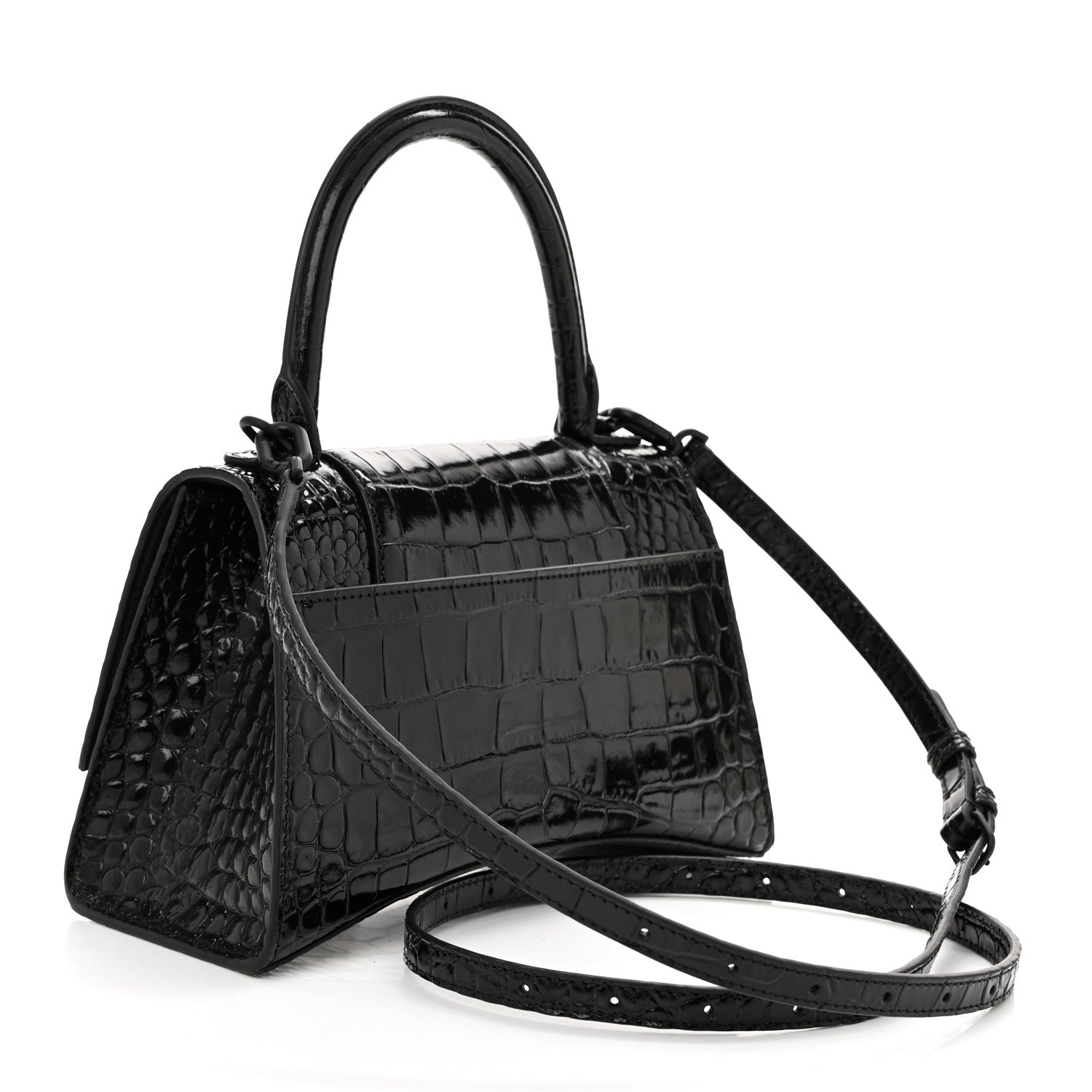 Balenciaga Shiny Calfskin Monochrome Crocodile Embossed Small Hourglass Top Handle Bag Black 3 of 10