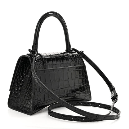Balenciaga Shiny Calfskin Monochrome Crocodile Embossed Small Hourglass Top Handle Bag Black 3 of 10