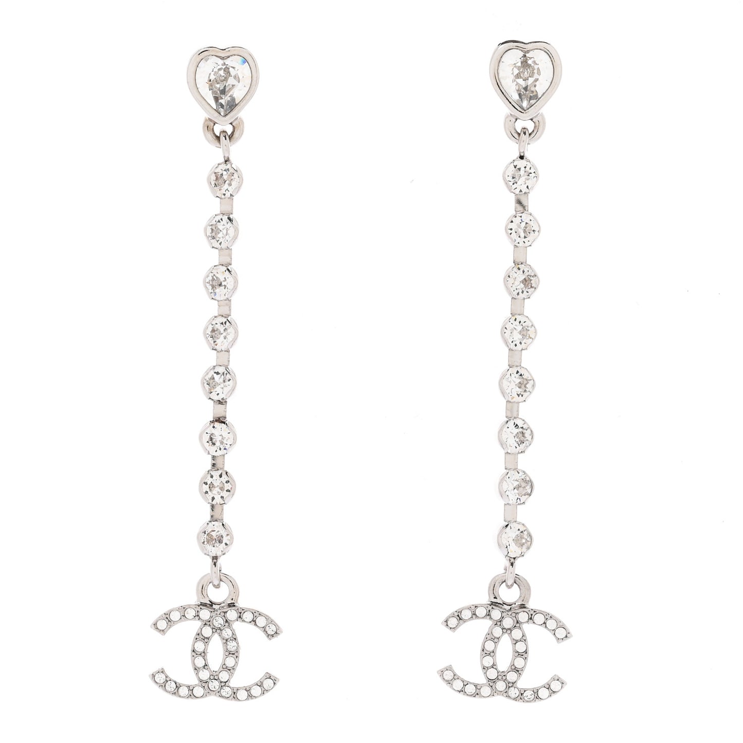 Crystal CC Heart Drop Earrings Silver