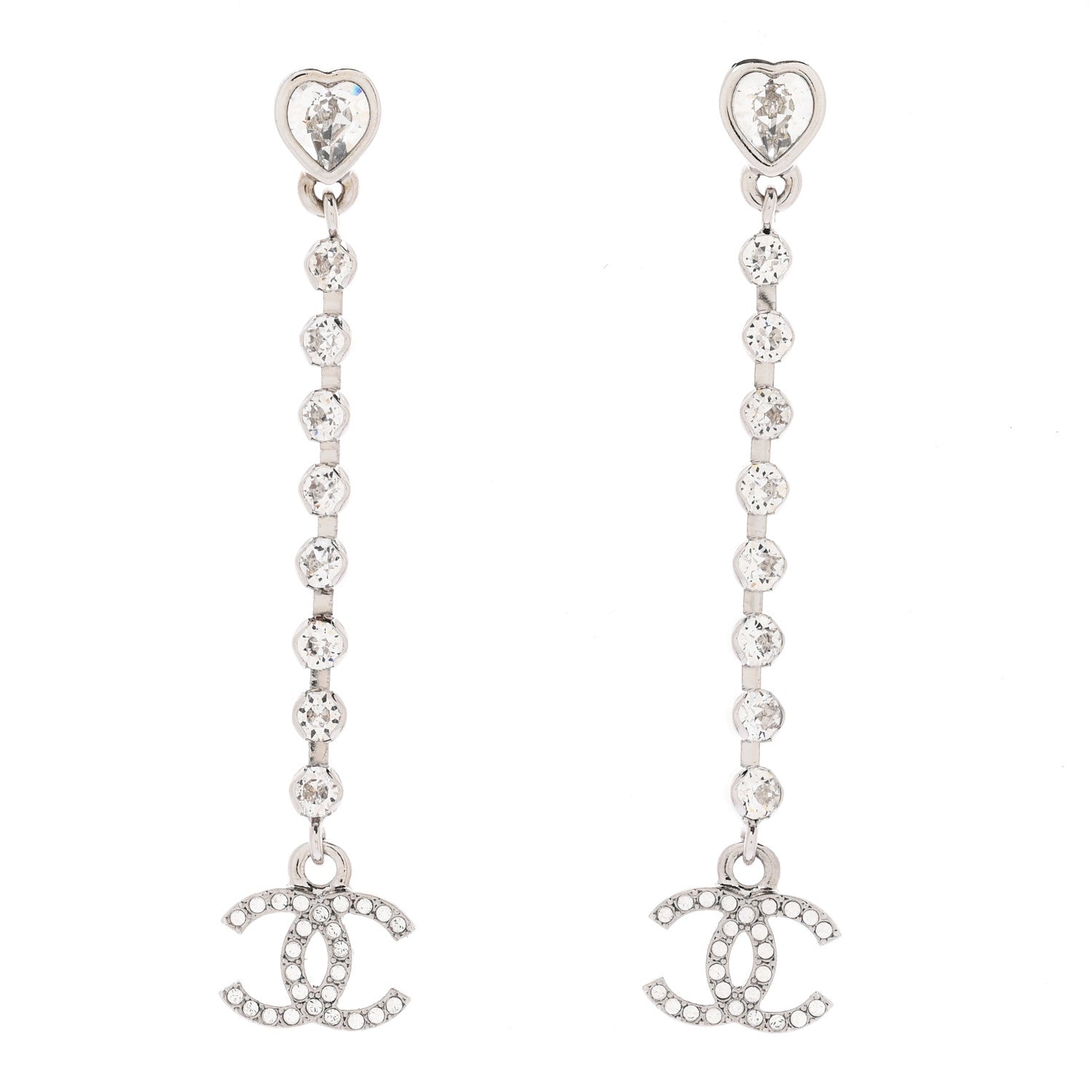 Chanel Crystal CC Heart Drop Earrings Silver 1 of 5