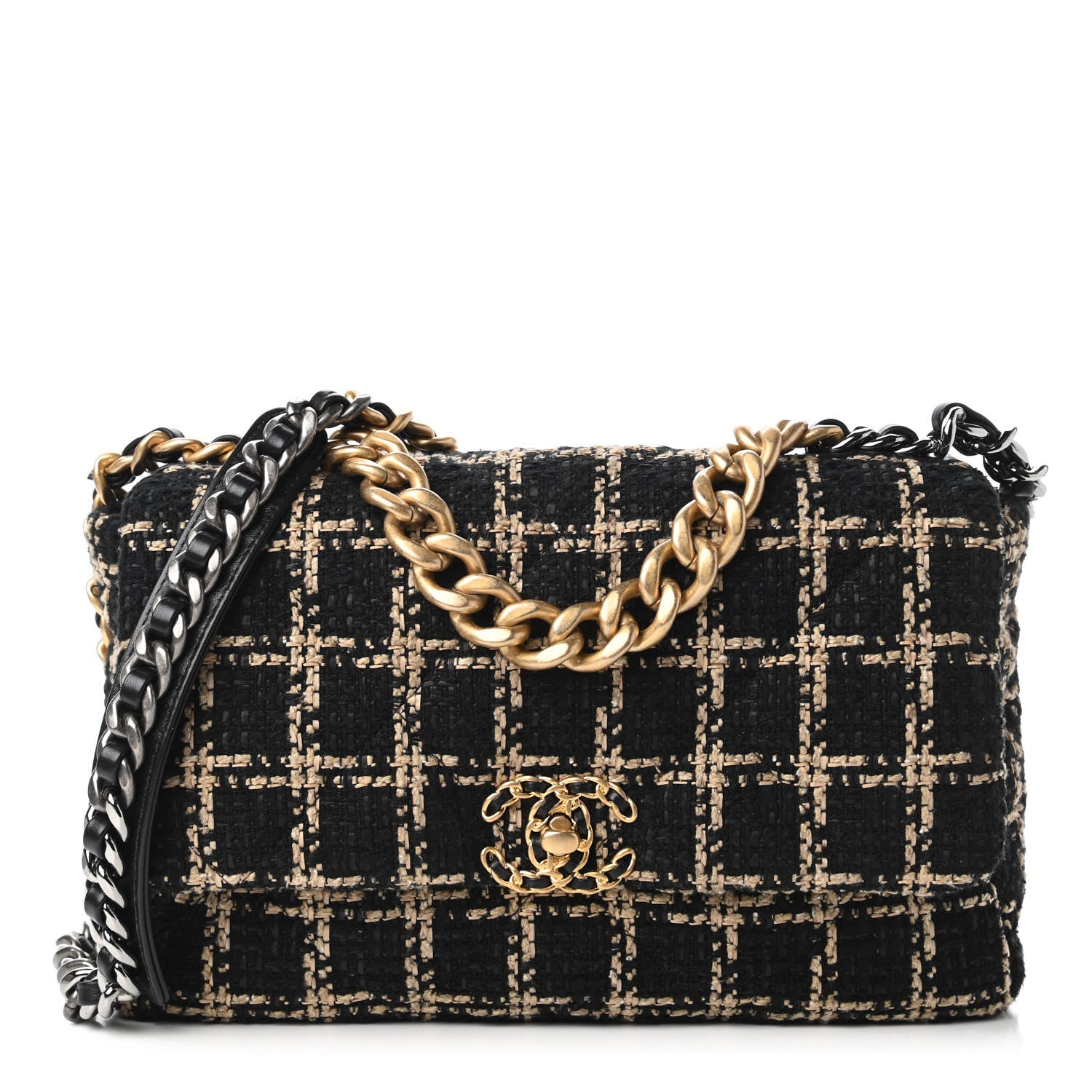 Chanel Tweed Quilted Large Chanel 19 Flap Black Beige 1 of 11