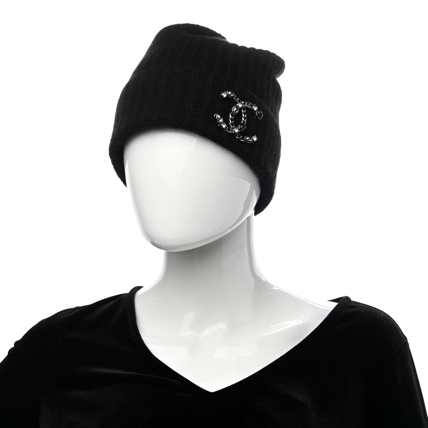 Cashmere CC Brooch Beanie Hat Black
