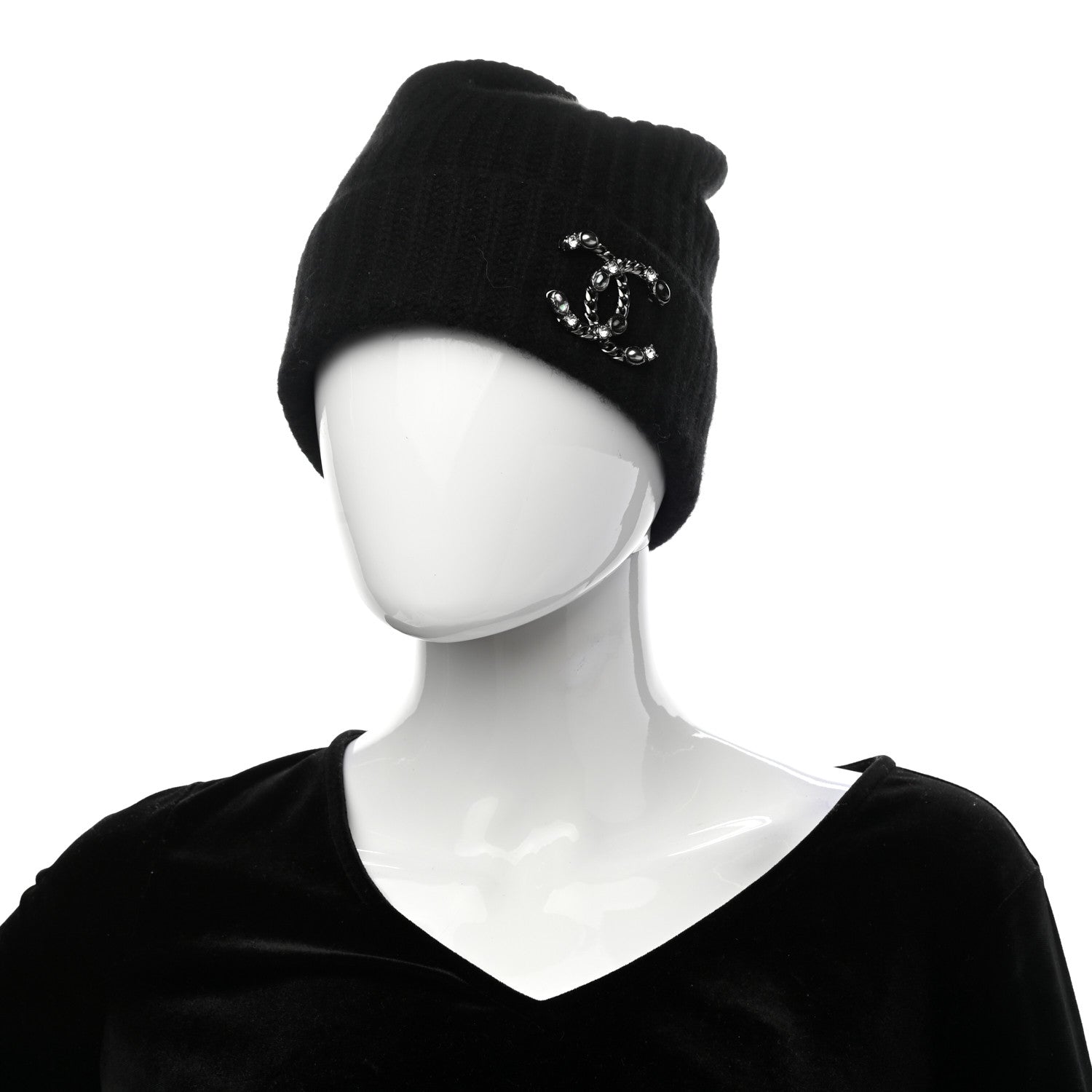 Chanel Cashmere CC Brooch Beanie Hat Black 2 of 5