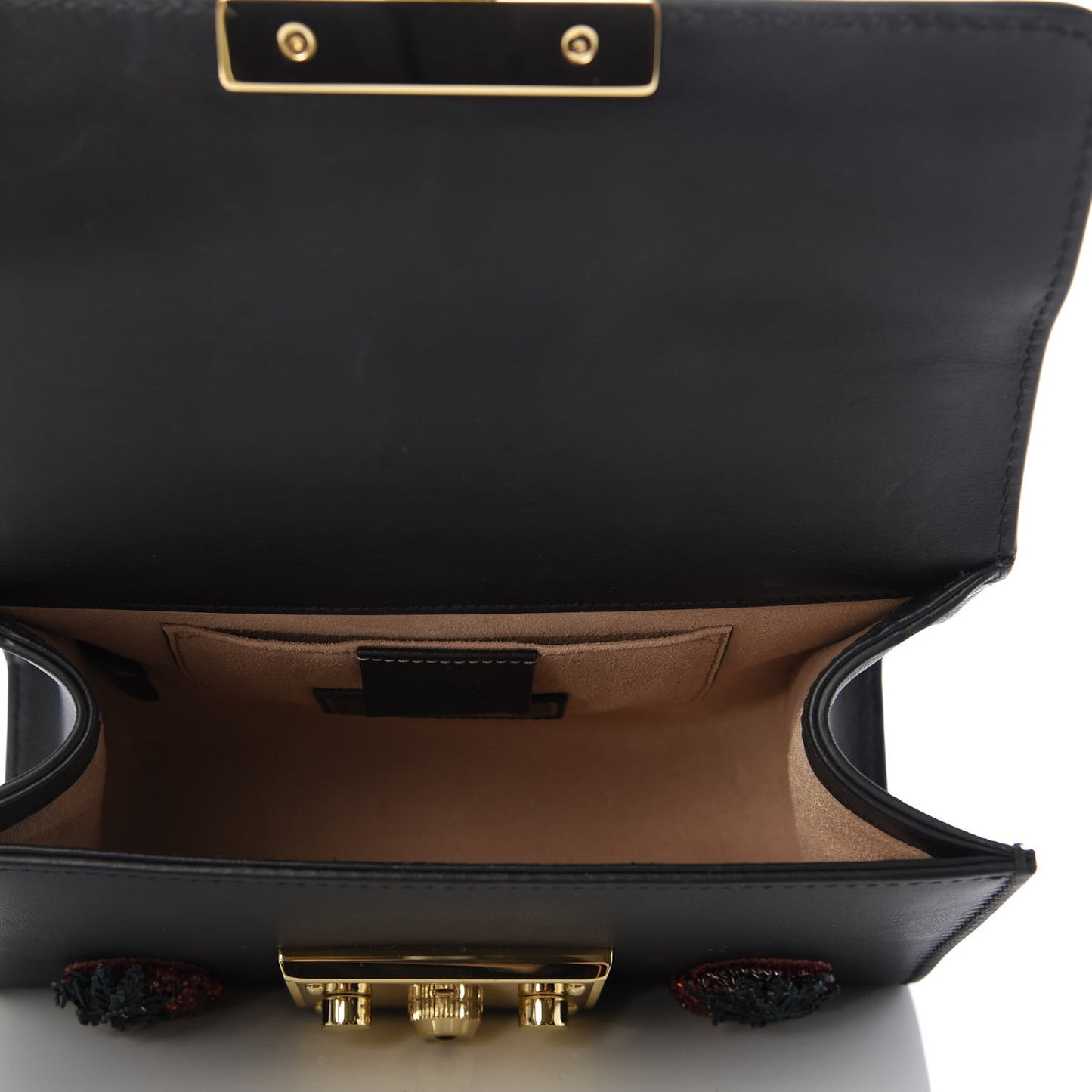 Calfskin Strawberry Embroidered Small Padlock Shoulder Bag Black