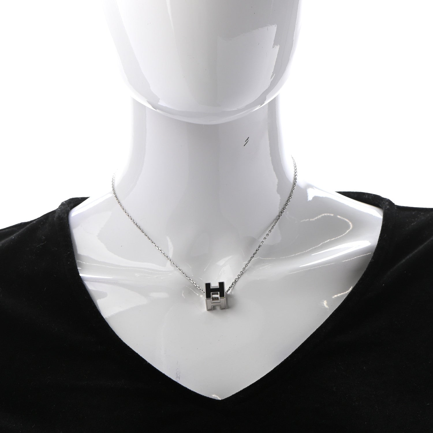 Hermes Lacquered Palladium Cage d'H Pendant Necklace Black 2 of 6