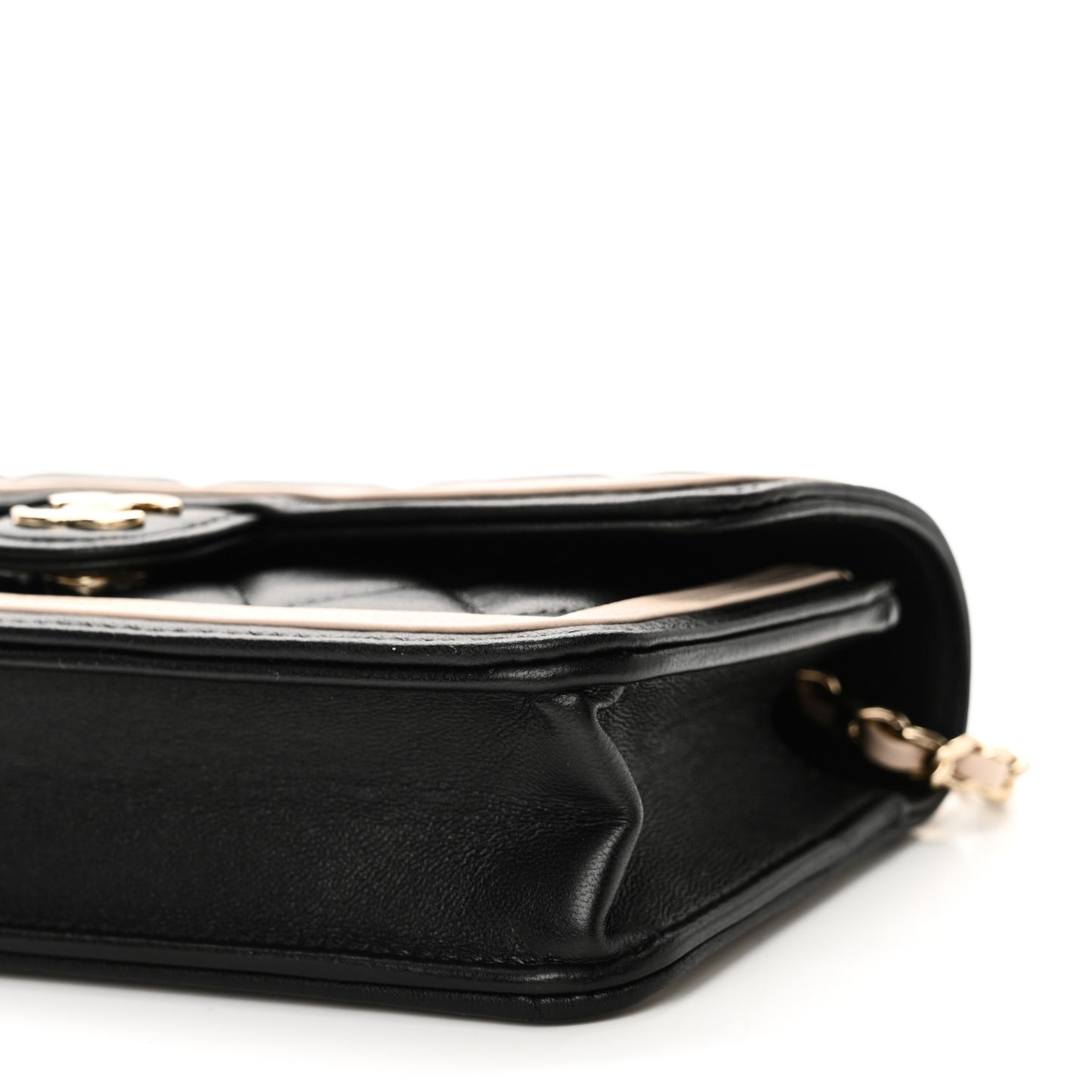 Lambskin Quilted Flap Phone Holder With Chain Black Beige