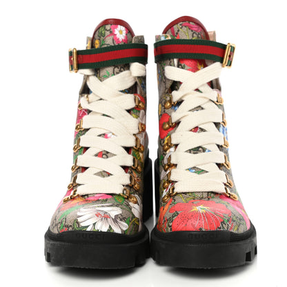 Gucci GG Supreme Monogram Flora Lace Up Combat Ankle Boots 39 Beige Multicolor Red 2 of 9