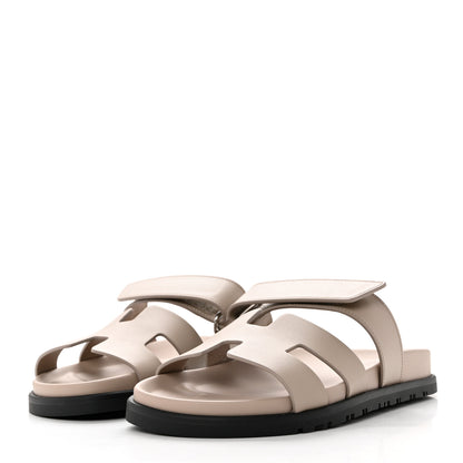 Hermes Calfskin Womens Chypre Sandals 37.5 Beige Mastic 3 of 9