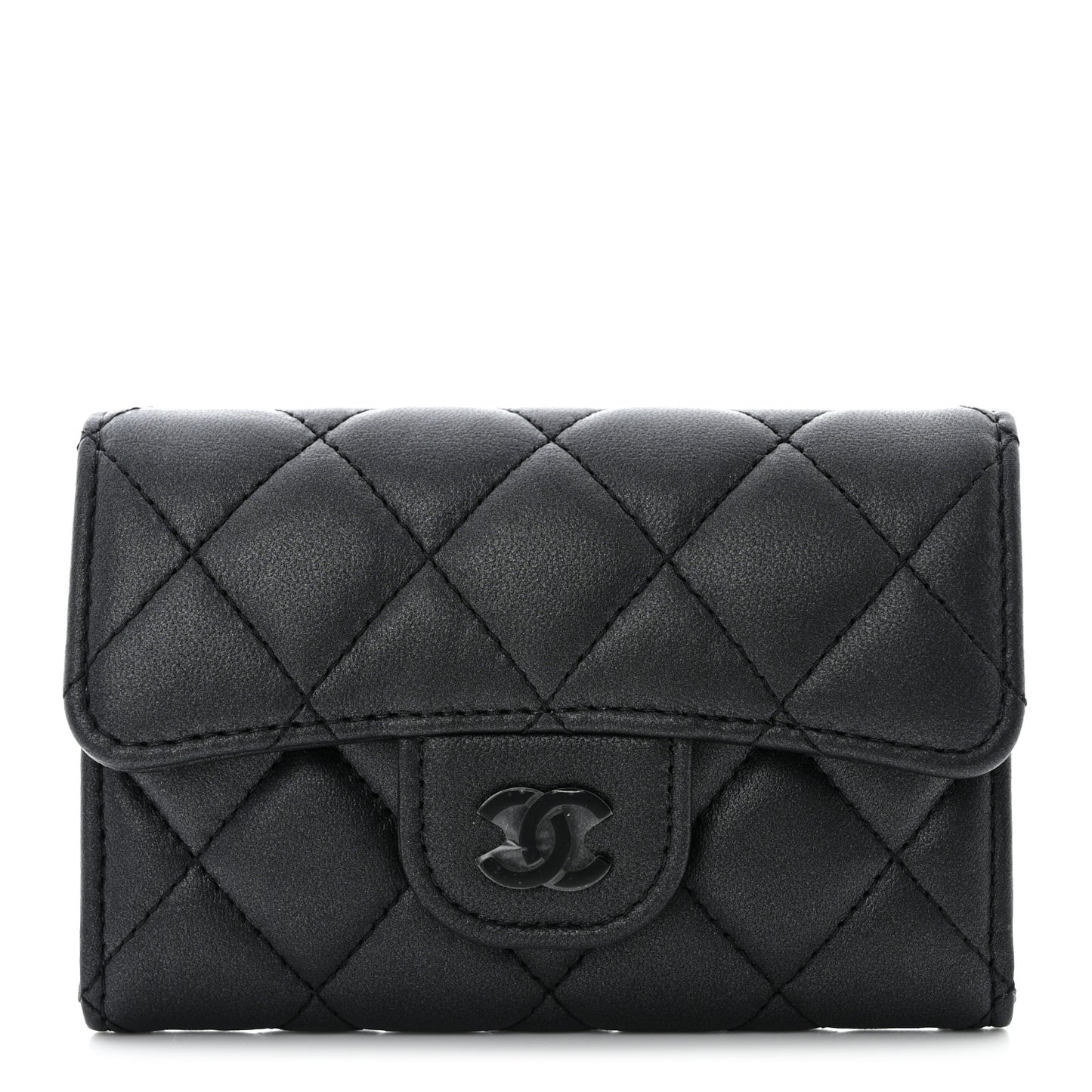 Pearly Lambskin Quilted Flap Card Holder Wallet So Black