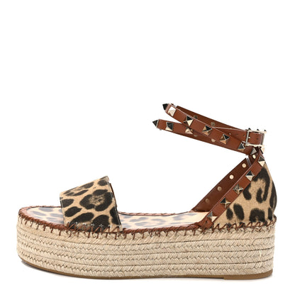 Valentino Garavani Canvas Leopard Print Rockstud Ankle Wrap Espadrille Flatform Sandals 39 Brown 1 of 7