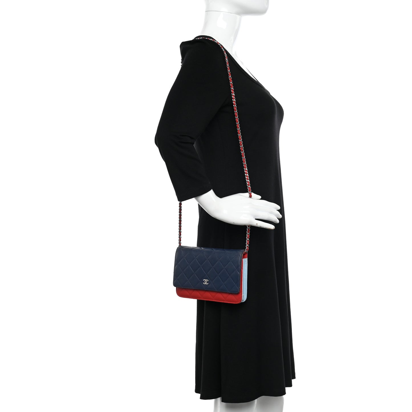 Lambskin Quilted Tri-Color Wallet On Chain WOC Red Blue