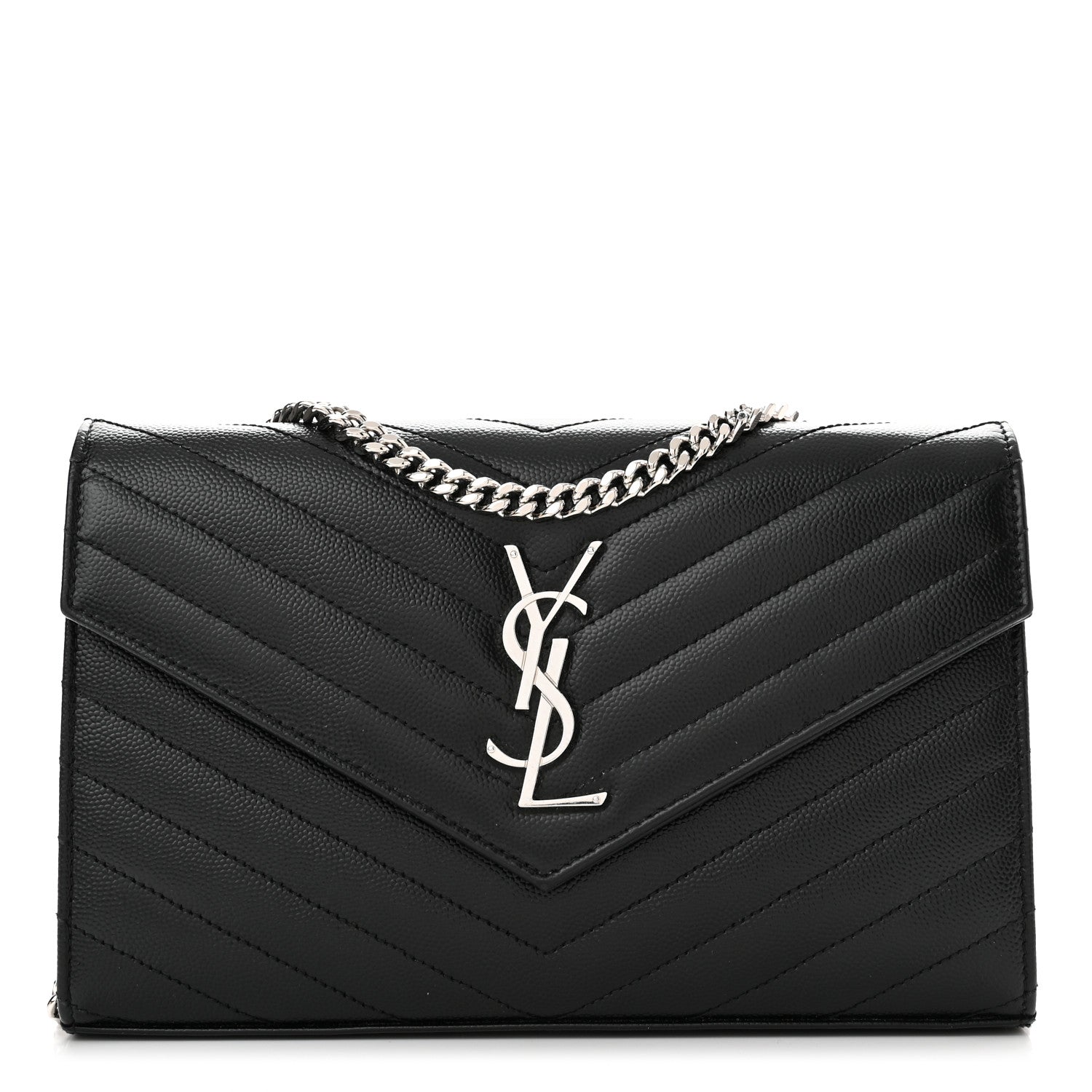 Saint Laurent Grain De Poudre Matelasse Chevron Monogram Chain Wallet Black 1 of 10