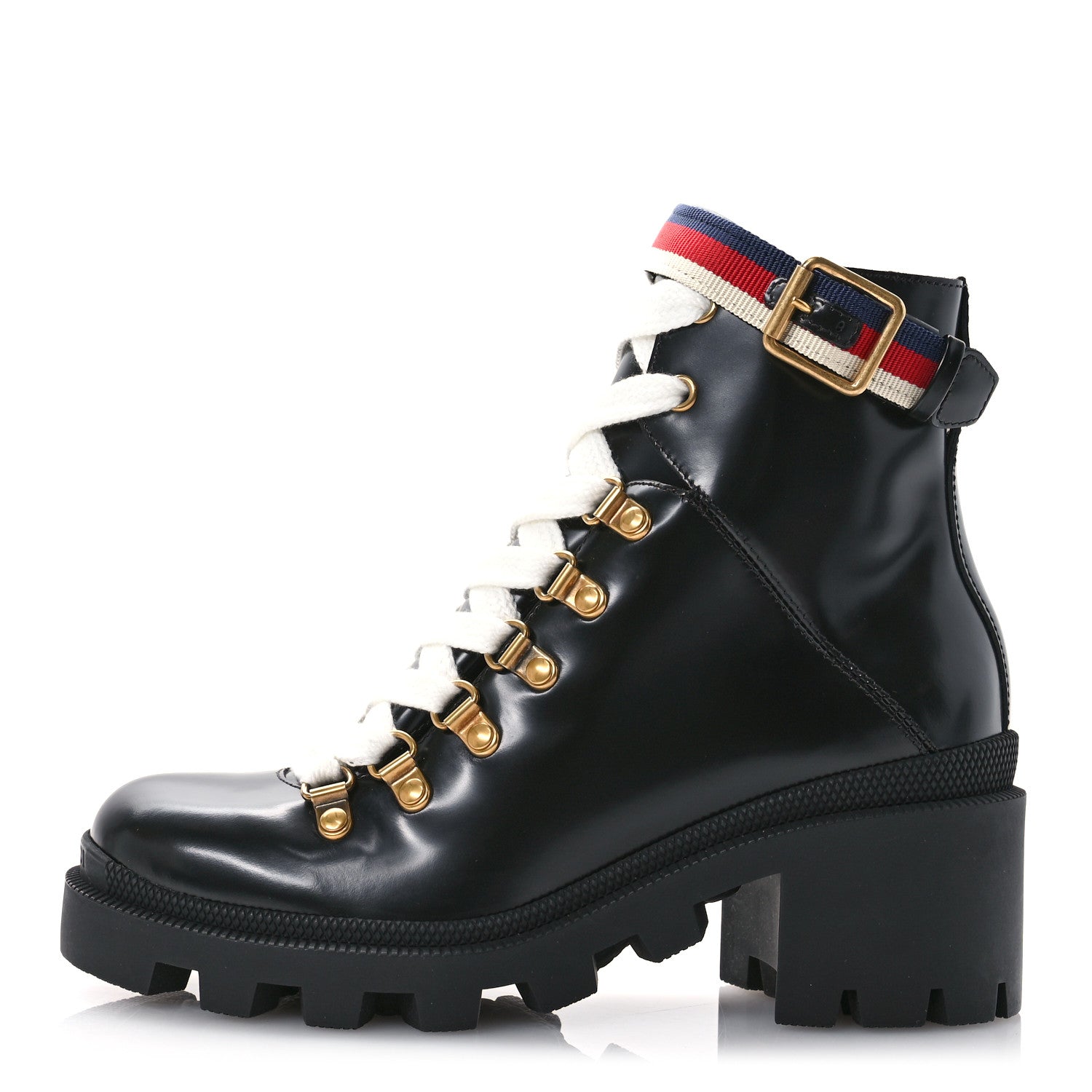 Gucci Calfskin Sylvie Web Womens Lace Up Combat Boots 35 Black 1 of 9