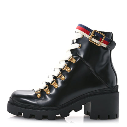 Gucci Calfskin Sylvie Web Womens Lace Up Combat Boots 35 Black 1 of 9