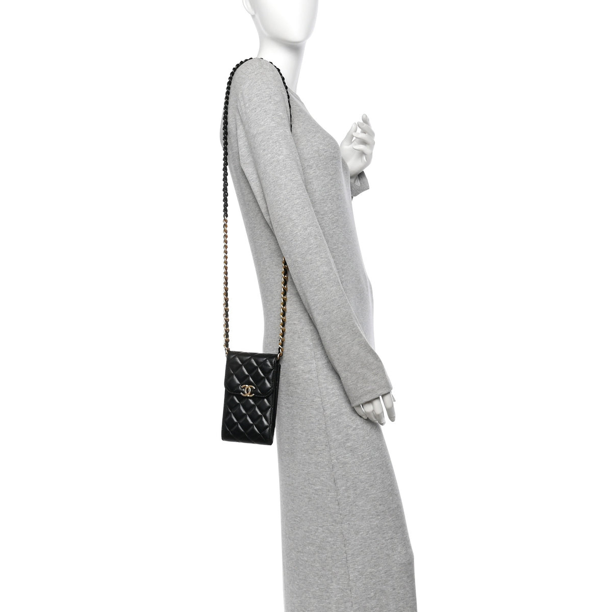 Lambskin Quilted Lacquered Chain Phone Holder With Chain Black