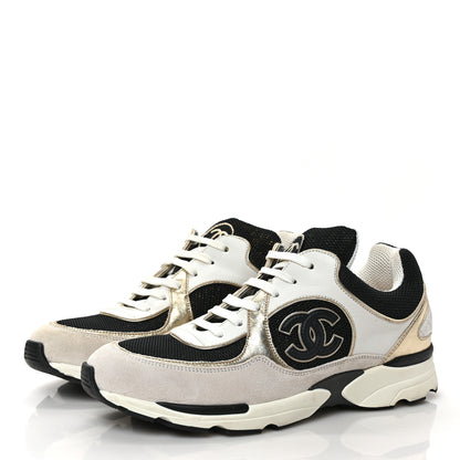 Chanel Mesh Suede Calfskin Womens CC Sneakers 39 White Black Beige Gold 3 of 8