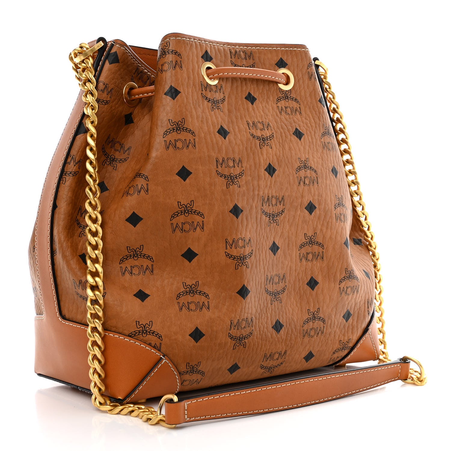 MCM Visetos Small Soft Berlin Drawstring Bucket Bag Cognac 3 of 10