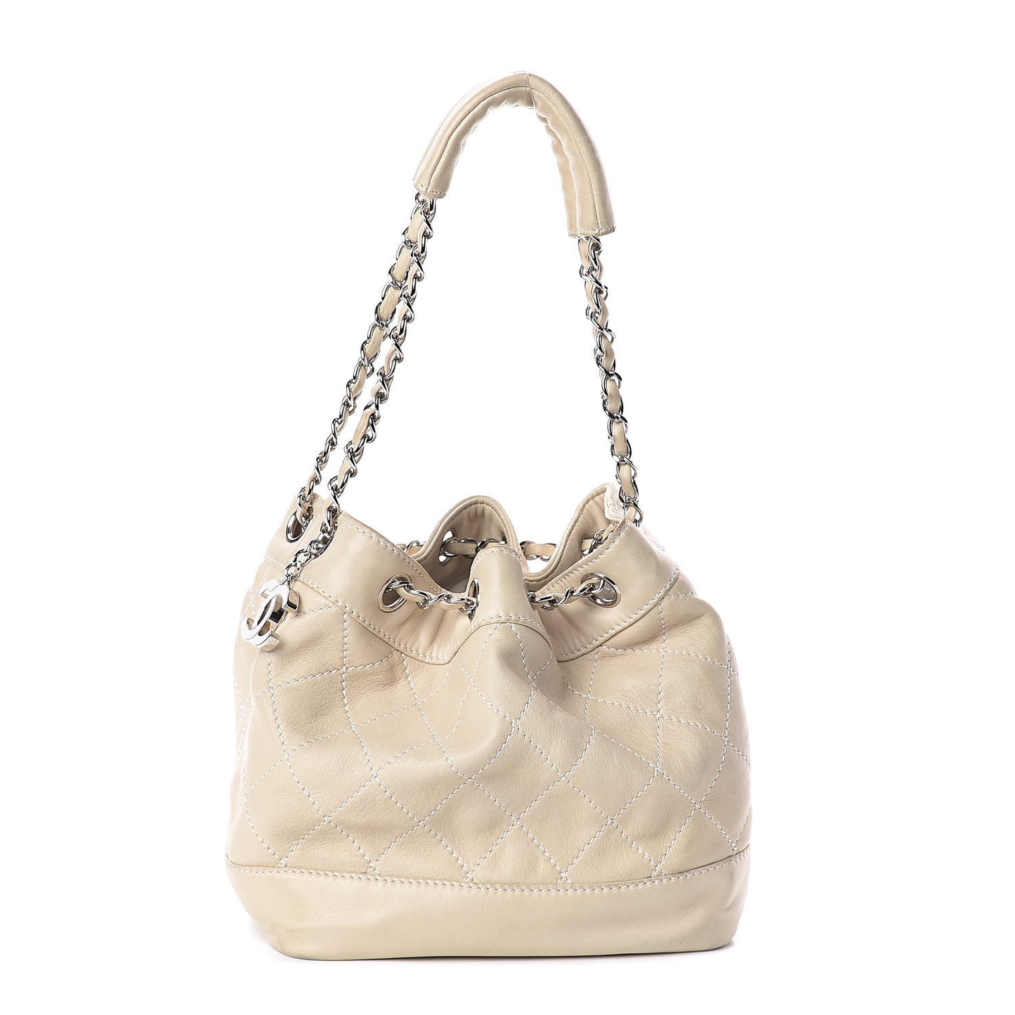 Lambskin Contrast Stitch Small Drawstring Tote Ivory