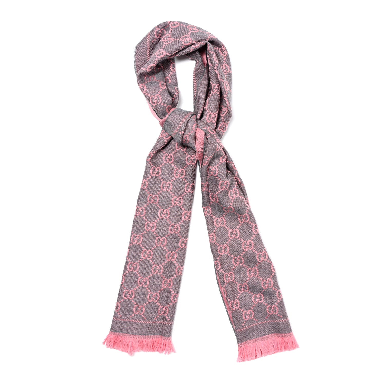 Gucci Wool Jacquard GG Monogram Sten Fringe Scarf Graphite Pink 1 of 4