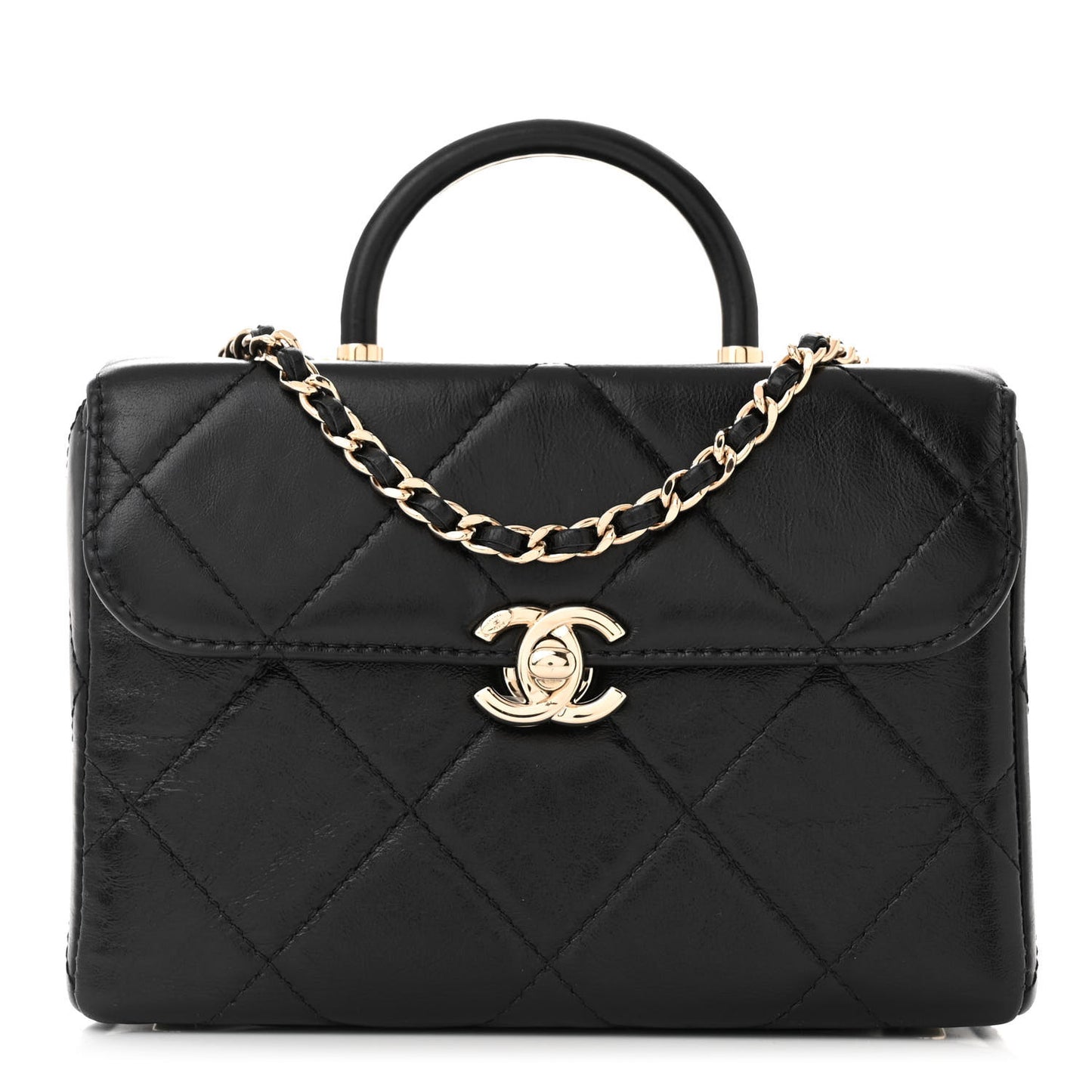 Shiny Calfskin Quilted Small CC Top Handle Box Bag Black