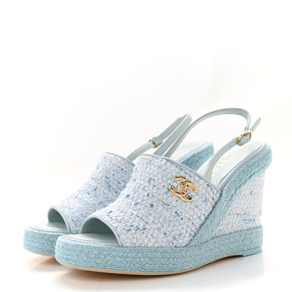 Chanel Tweed Braided Cord Wedge Sandals  37 Blue 4 of 9