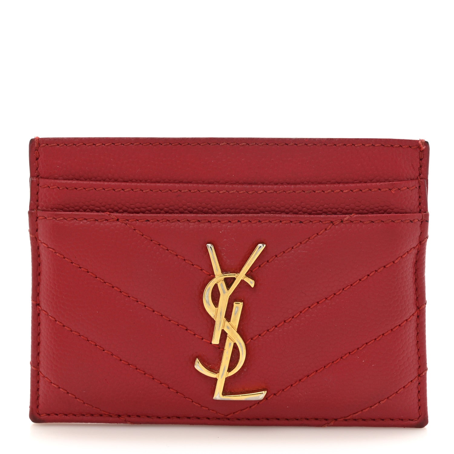 Saint Laurent Grain De Poudre Matelasse Chevron Monogram Credit Card Case New Red 1 of 12