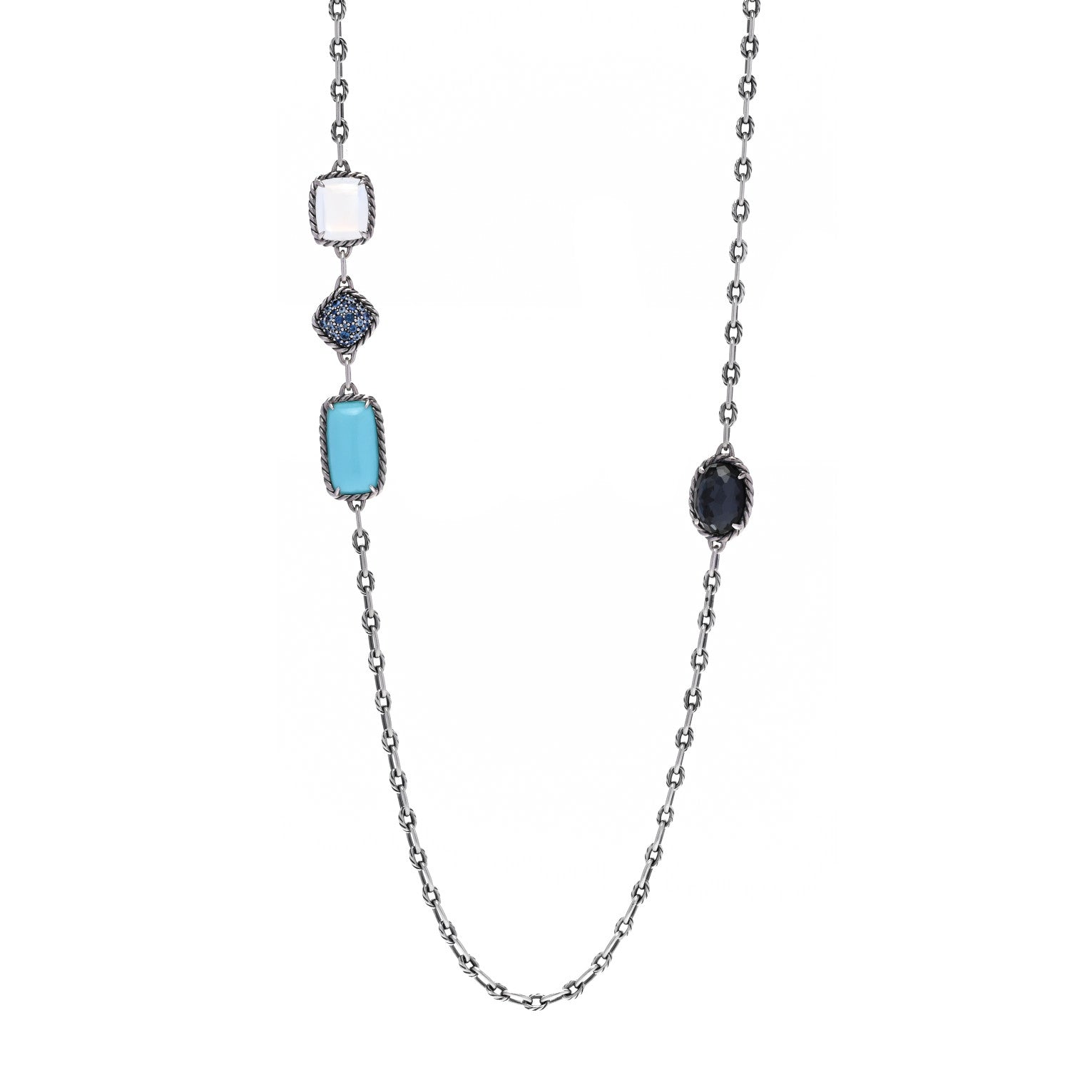 David Yurman Sterling Silver Blue Sapphire Blue Topaz Doublet Milky Quartz Turquoise Chatelaine Long Necklace 1 of 4