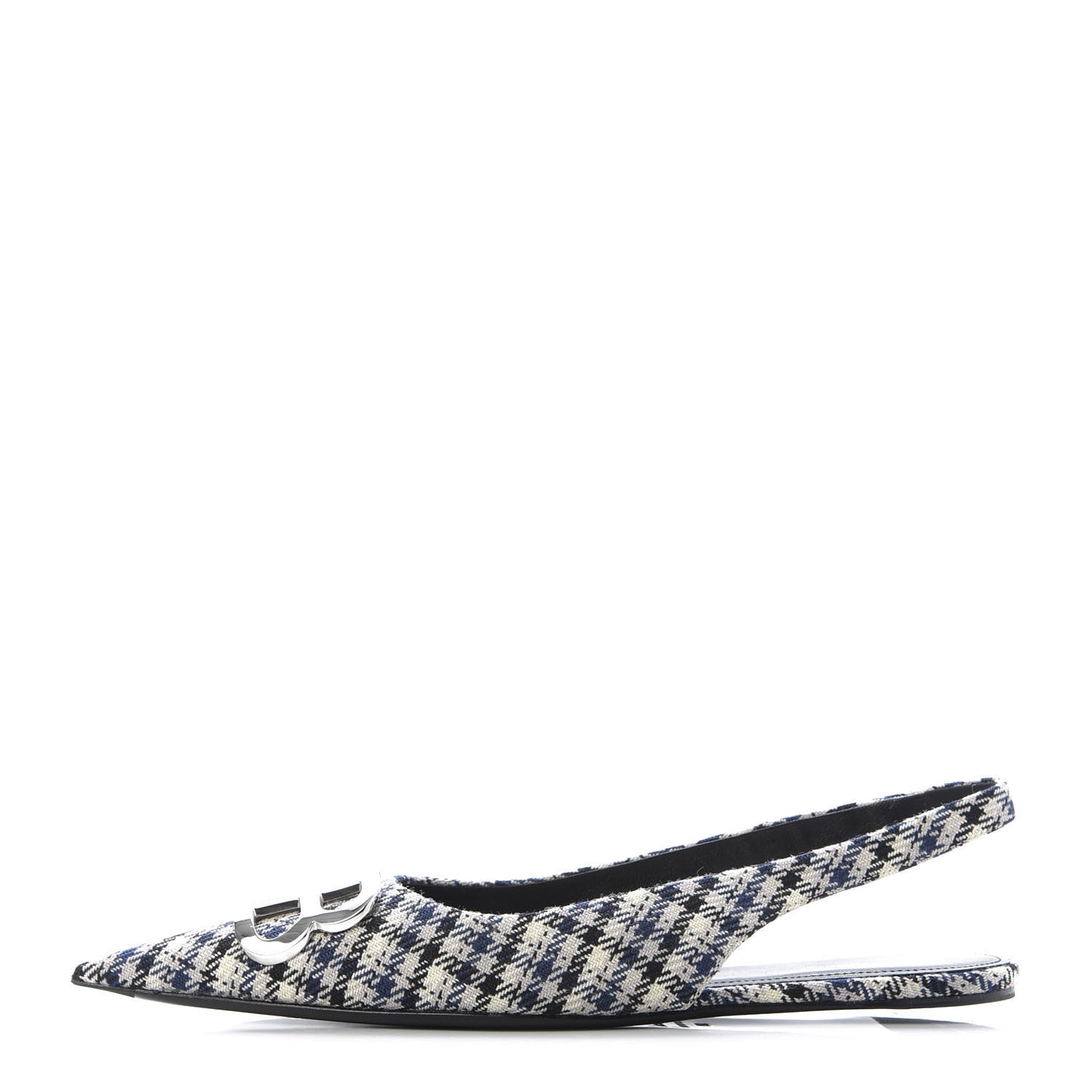 Tweed Prince Of Wales BB Knife Pointy Toe Slingback Flats 39 Beige Navy Silver