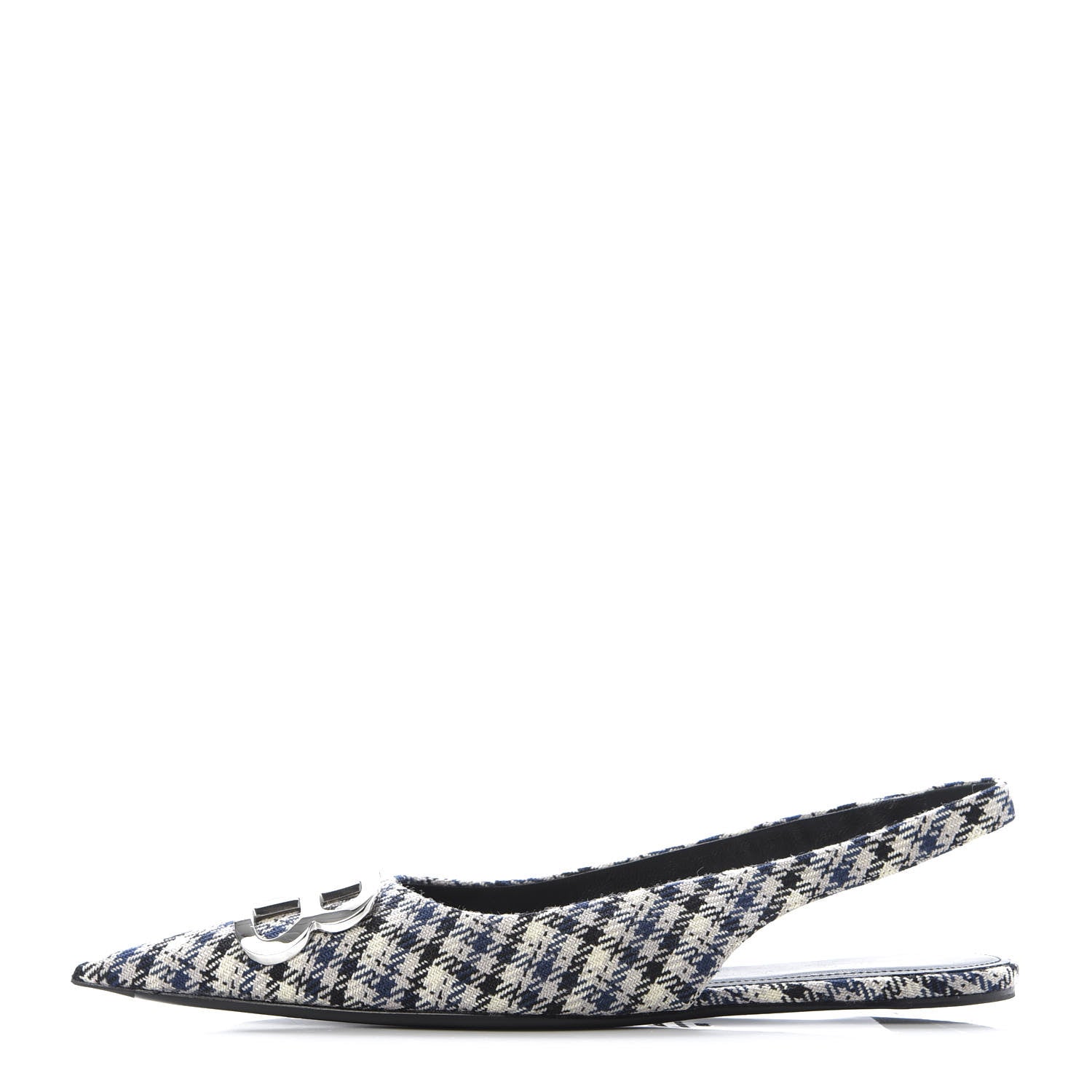 Balenciaga Tweed Prince Of Wales BB Knife Pointy Toe Slingback Flats 39 Beige Navy Silver 1 of 9