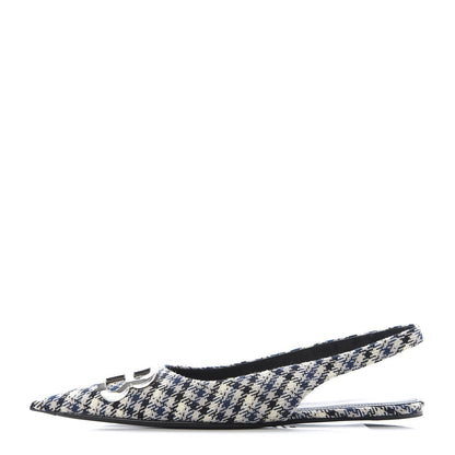 Balenciaga Tweed Prince Of Wales BB Knife Pointy Toe Slingback Flats 39 Beige Navy Silver 1 of 9