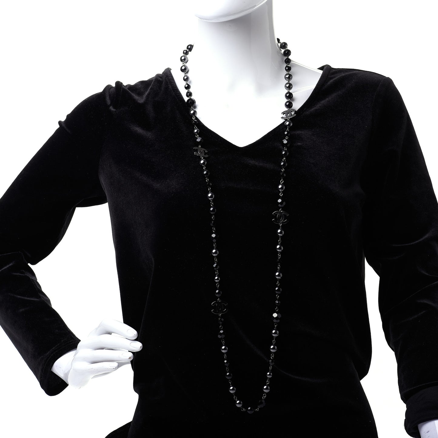 Ruthenium Pearl Beaded CC Long Necklace Black