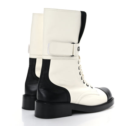 Chanel Calfskin Lace Up Logo Mid Calf Combat Boots 39.5 White Black 4 of 6
