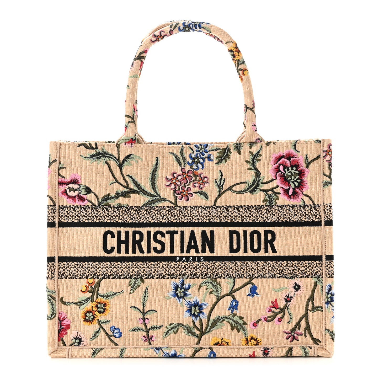 Raffia Embroidered Petites Fleurs Medium Book Tote Natural